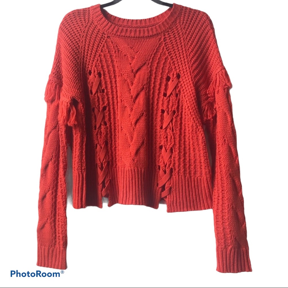 New Orange Sweater with Fringe and Lace up…